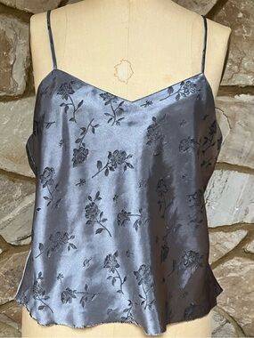 Delicate Treasures Lingerie Satin Floral Embroidered Cami Tank - Steel Gray